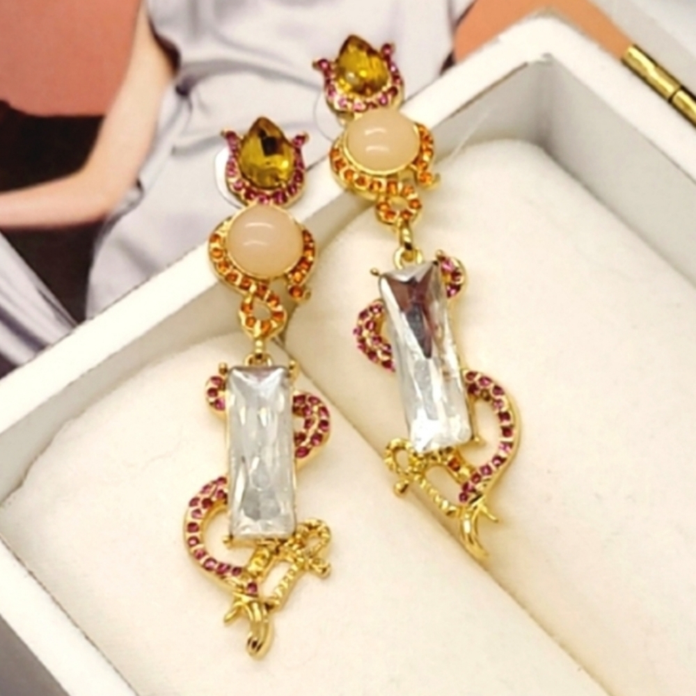 Vintage Estate Surrealism Snake Crystal Embellished Gold Drop Earrings